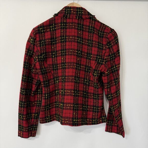 Vintage Sag Harbor Blazer Jacket Size 6 Petite Red Nubby Plaid Fringe Collar - Picture 5 of 9